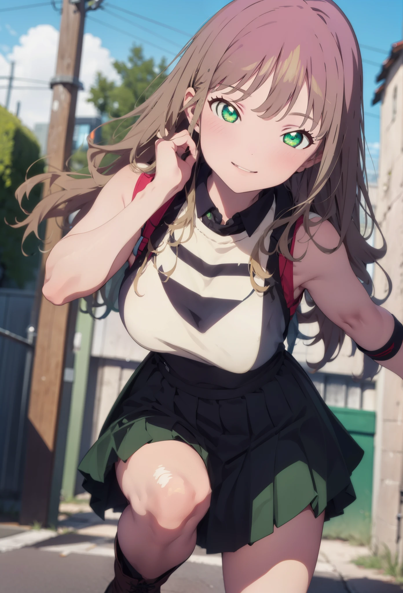 minami yume ,sss Dynazenon ,Long Hair, Brown Hair, (Green Eyes:1.5) ,blush,smile,hair band,Sleeveless shirt,Long skirt,short boots,Daytime,Clear skies,Walking,whole bodyがイラストに入るように, break looking at viewer, whole body,(Cowboy Shot:1. 5) , break outdoors ,Building district, break (masterpiece:1.2), Highest quality, High resolution, unity 8k wallpaper, (shape:0.8), (Beautiful and beautiful eyes:1.6), Highly detailed face, Perfect lighting, Extremely detailed CG, (Perfect hands, Perfect Anatomy),