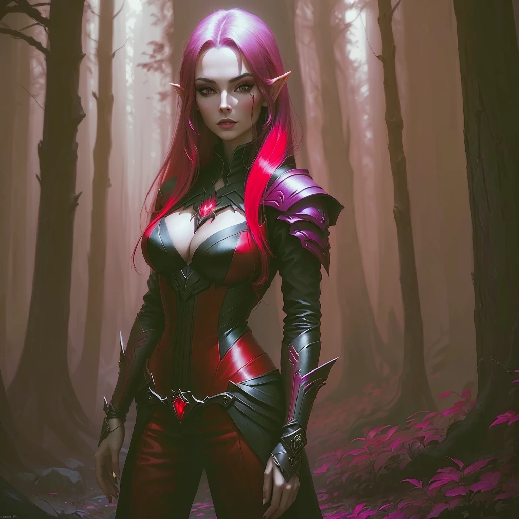 arafed woman in a red and black outfit standing in a forest, dark elf princess, dark elf, dark elf maiden, beautiful dark elf countess, trendin on artstation, artgerm julie bell beeple, portrait of a female elf warlock, epic fantasy digital art style, deviantart artstation cgscosiety, alena aenami and artgerm