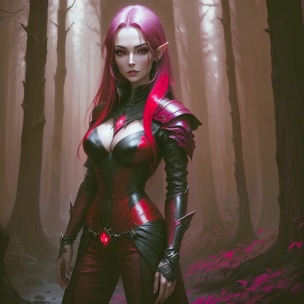 arafed woman in a red and black outfit standing in a forest, dark elf princess, dark elf, dark elf maiden, beautiful dark elf countess, trendin on artstation, artgerm julie bell beeple, portrait of a female elf warlock, epic fantasy digital art style, deviantart artstation cgscosiety, alena aenami and artgerm