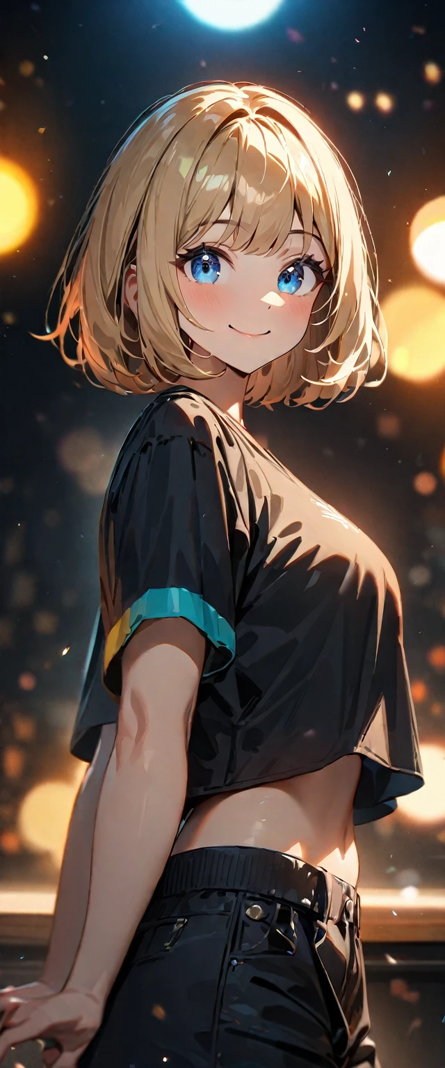 (((One girl))), blond hair, bob cut, breasts, from front, (cowboy shot), (looking at viewer), ((black shorts)), ((black crop top overhang)), short sleeves, Casual Stance, sun glasses, face in focus, teenager, head tilt:1.3, (((blue eye))), ((happy smile)), ((sleeves past wrists)), anime style, (best quality, 4k, 8k, highres, masterpiece:1.2, ultra-detailed, ultra-detailed eyes, HDR, UHD, studio lighting, ultra-fine painting, sharp focus, physically-based rendering, extreme detail description, professional, vivid colors, bokeh)