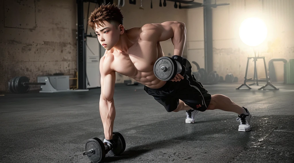 a single boy in anime style lifting weights, well-defined contours, vibrant colors, white background.