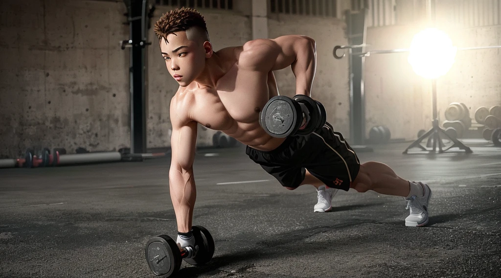 a single boy in anime style lifting weights, well-defined contours, vibrant colors, white background.