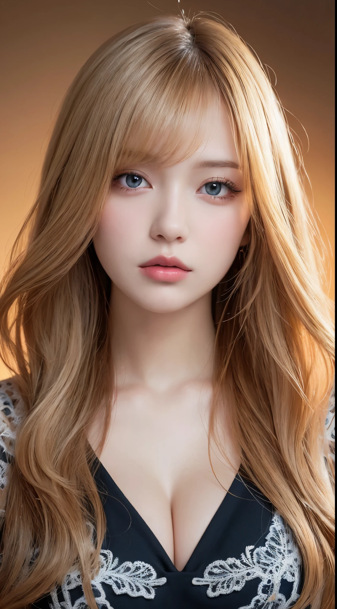 masutepiece, Best Quality, Illustration, Ultra-detailed, finely detail, hight resolution, 8K Wallpaper, Perfect dynamic composition, Beautiful detailed eyes, Natural Lip, Girly , Big breasts, cleavage,Sad face、Blonde、Wavy Hair