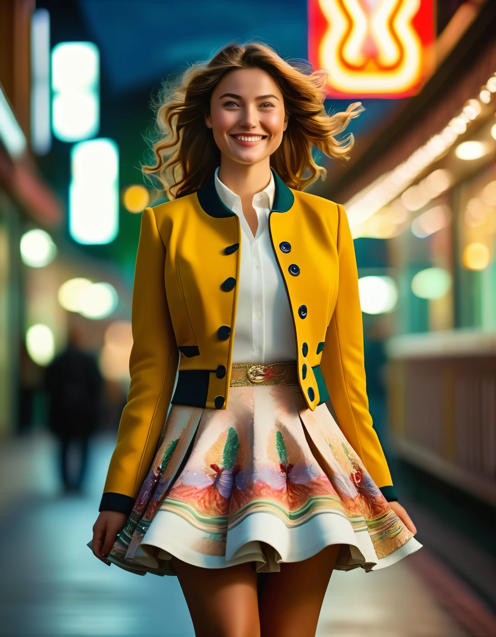 A smiling, authentic, (shy:1,3), kind, beautiful woman, is passionately in love with her skirt, wind wildly lifts her skirt, wearing uniform jacket and very, very detailed (long (fully pleated) full circle skirt) and (low heeled court shoes), very, very intricate hyper-detailed symmetric (attractive graceful young feminine face) with (sad, tired eyes and a loving smile), very voluptuous breasts, full of empathy and compassion and love, (pronounced (feminine) features), (highly detailed ultra accurate realistic) hands and fingers, (windy), epic composition, highly detailed attributes, (35mm f1.4 Kodak portra 400 photograph), extremely high quality RAW photograph, highly detailed atmosphere, sci-fi, cinematic shot, dynamic lighting, 75mm, Technicolor, Panavision, cinemascope, sharp focus, fine details, 8k, HDR, realism, realistic, key visual, film still, superb cinematic color grading, depth of field