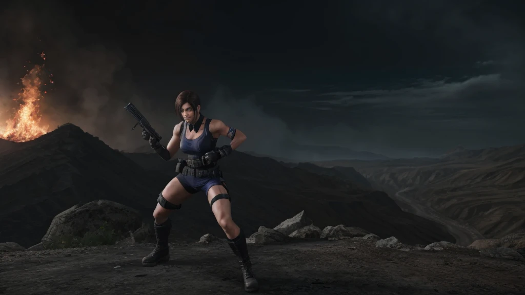 resident evil character, jill valentine, fighting with mortal kombat dub zero. Epic fight, They are in a valley of jagged hills, vale seco e tenebrosa, with flames coming out of the ground on the horizon. it's night, tenebrosa. Character Jill Valentine fighting Mortal Kombat character Sub Zero. Jiil Valentine is wearing a blue strapless, black leather skirt, black high-heeled leather boots without heels, She uses an auxiliary holster for the Glock G17 pistol, jiil valentine is a beautiful white woman, short shoulder-length black hair, black Chanel hair. The character Sub Zero is throwing ice with his hands. Character Jill Valentine is firing a glock g17 pistol at sub zero. Local: cenário é um submundo tenebrosa.