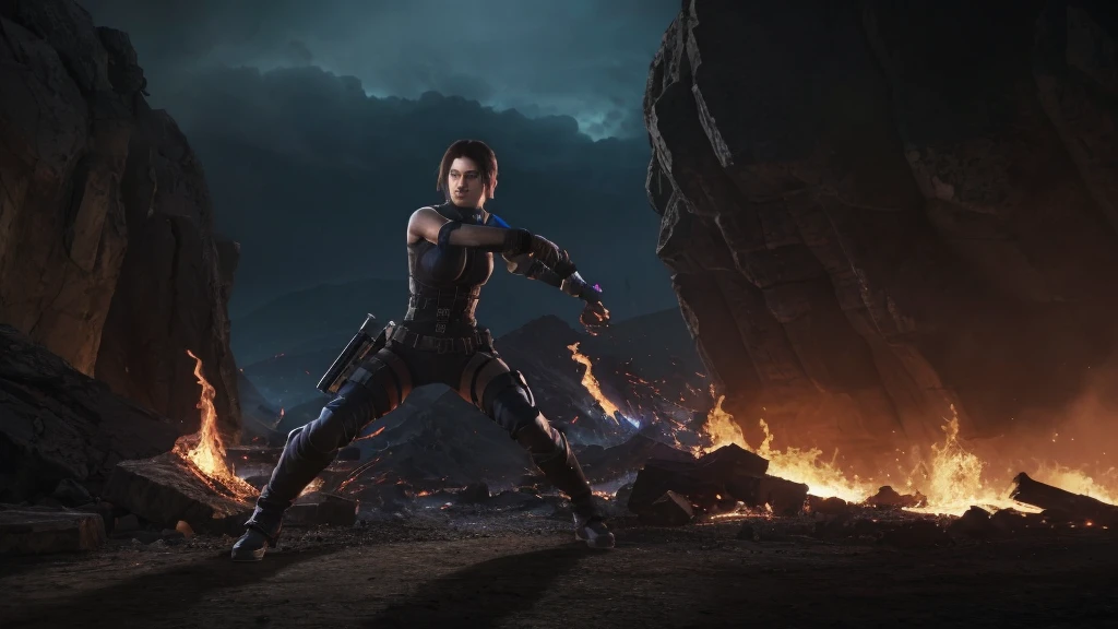 resident evil character, jill valentine, fighting with mortal kombat dub zero. Epic fight, They are in a valley of jagged hills, vale seco e tenebrosa, with flames coming out of the ground on the horizon. it&#39;s night, tenebrosa. Character Jill Valentine fighting Mortal Kombat character Sub Zero. Jiil Valentine is wearing a blue strapless, black leather skirt, black high-heeled leather boots without heels, She uses an auxiliary holster for the Glock G17 pistol, jiil valentine is a beautiful white woman, short shoulder-length black hair, black Chanel hair. The character Sub Zero is throwing ice with his hands. Character Jill Valentine is firing a glock g17 pistol at sub zero. Local: cenário é um submundo tenebrosa.