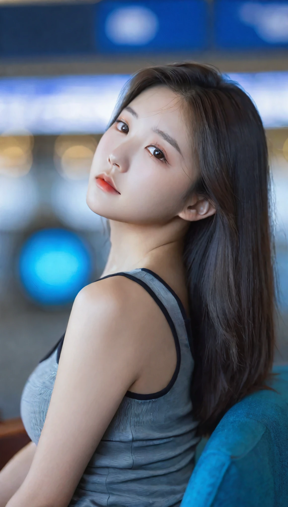 extreme close-up of -old beauul Korean female, big nose, straight hair, huge breasts, wearing fitting tank top, sitting in terminal lounge, bokeh background, UHD