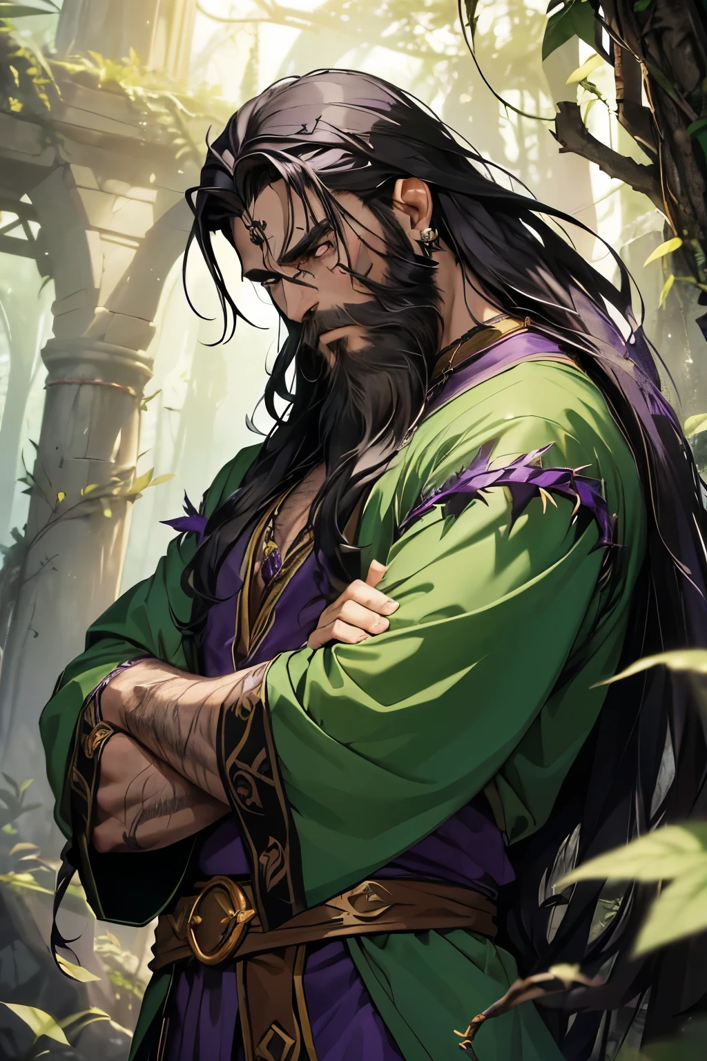 ((One druid male around 40 years old, long wild black hair, long beard)), dressed in a fantasy purple clothes with chest shown, with thorns around one arm, ((scars on one arm)), fantasy setting, (anime style), masterpiece, serious expression, perfectly drawn hands, crossed arms, ((wearina purple amethyst earring))