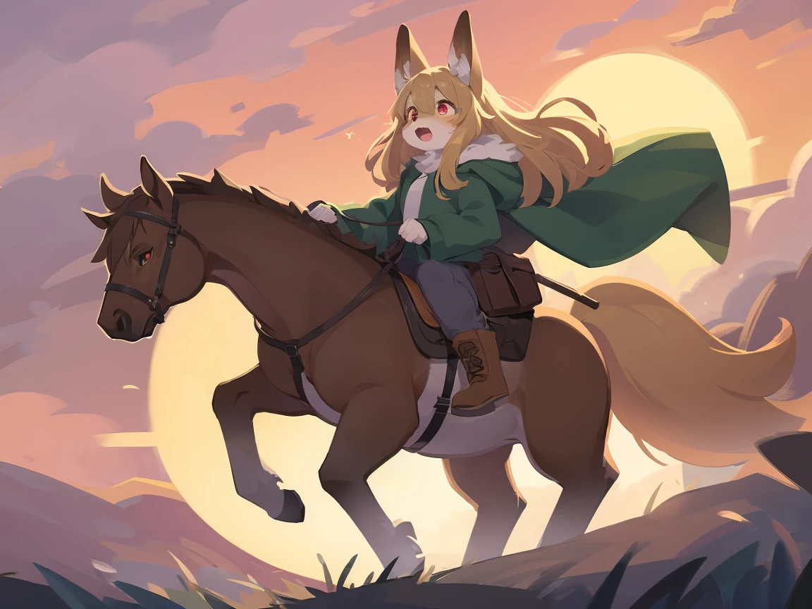 the fox, , was hairy, shaggy, skin fur, smooth lashes, golden fur, forelimb hands, straight long blonde hair, solid circle eyes, golden ears, golden fur, golden facial fur, shiny hair, red eyes, super cute face, 1fox tail, fluffy tail, furry tail, glowing eyes, green coat green hood down, brown trousers, riding unsaddled horse, open mouth, embarrassed, ambient light, ultra-fine fur, dashed eyes, full body, masterpiece, high quality, high-details, best quality, wide short, (((solo))), twilight, sun light, red sky, rim light