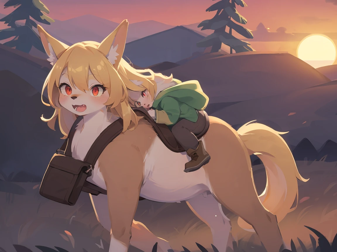 the fox, , was hairy, shaggy, skin fur, smooth lashes, golden fur, forelimb hands, straight long blonde hair, solid circle eyes, golden ears, golden fur, golden facial fur, shiny hair, red eyes, super cute face, 1fox tail, fluffy tail, furry tail, glowing eyes, green coat green hood down, brown trousers, riding unsaddled horse, open mouth, embarrassed, ambient light, ultra-fine fur, dashed eyes, full body, masterpiece, high quality, high-details, best quality, wide short, (((solo))), twilight, sun light, red sky, rim light