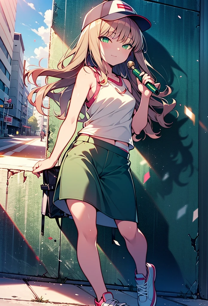 minami yume ,sss Dynazenon ,Long Hair, Brown Hair, (Green Eyes:1.5) ,blush,smile,hair band,Sleeveless shirt,Baseball cap,Long skirt,sneakers,Daytime,Clear skies,Walking,whole bodyがイラストに入るように,　　　　　　break　looking at viewer, whole body, 　　　　　　　break outdoors ,Building district,　　　　　　　　　　　　break (masterpiece:1.2), Highest quality, High resolution, unity 8k wallpaper, (shape:0.8), (Beautiful and beautiful eyes:1.6), Highly detailed face, Perfect lighting, Extremely detailed CG, (Perfect hands, Perfect Anatomy),