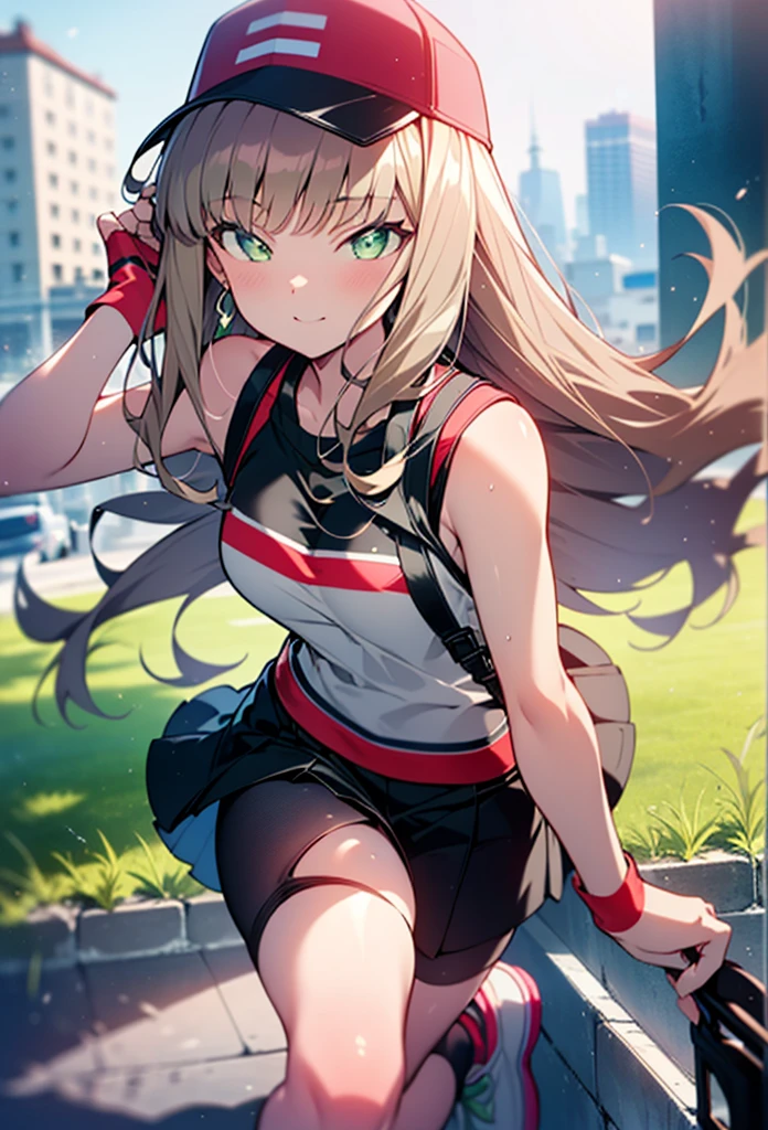 minami yume ,sss Dynazenon ,Long Hair, Brown Hair, (Green Eyes:1.5) ,blush,smile,hair band,Sleeveless shirt,Baseball cap,Long skirt,sneakers,Daytime,Clear skies,Walking,whole bodyがイラストに入るように,　　　　　　break　looking at viewer, whole body, 　　　　　　　break outdoors ,Building district,　　　　　　　　　　　　break (masterpiece:1.2), Highest quality, High resolution, unity 8k wallpaper, (shape:0.8), (Beautiful and beautiful eyes:1.6), Highly detailed face, Perfect lighting, Extremely detailed CG, (Perfect hands, Perfect Anatomy),