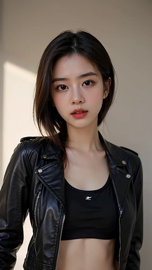 (8k、RAW Photos、top-quality、​masterpiece:1.2)、(realistic Photo-realsitic:1.37)、1girl in、japanese, 18-years old, face lights, Detailed face、Detailed lips, (wearing a black faux leather jacket over sports bra:1.5), (partially-exposed armpit:1.5), seductive pose, opened jacket, slight trace of nipples behind bra, long black hair, large breast