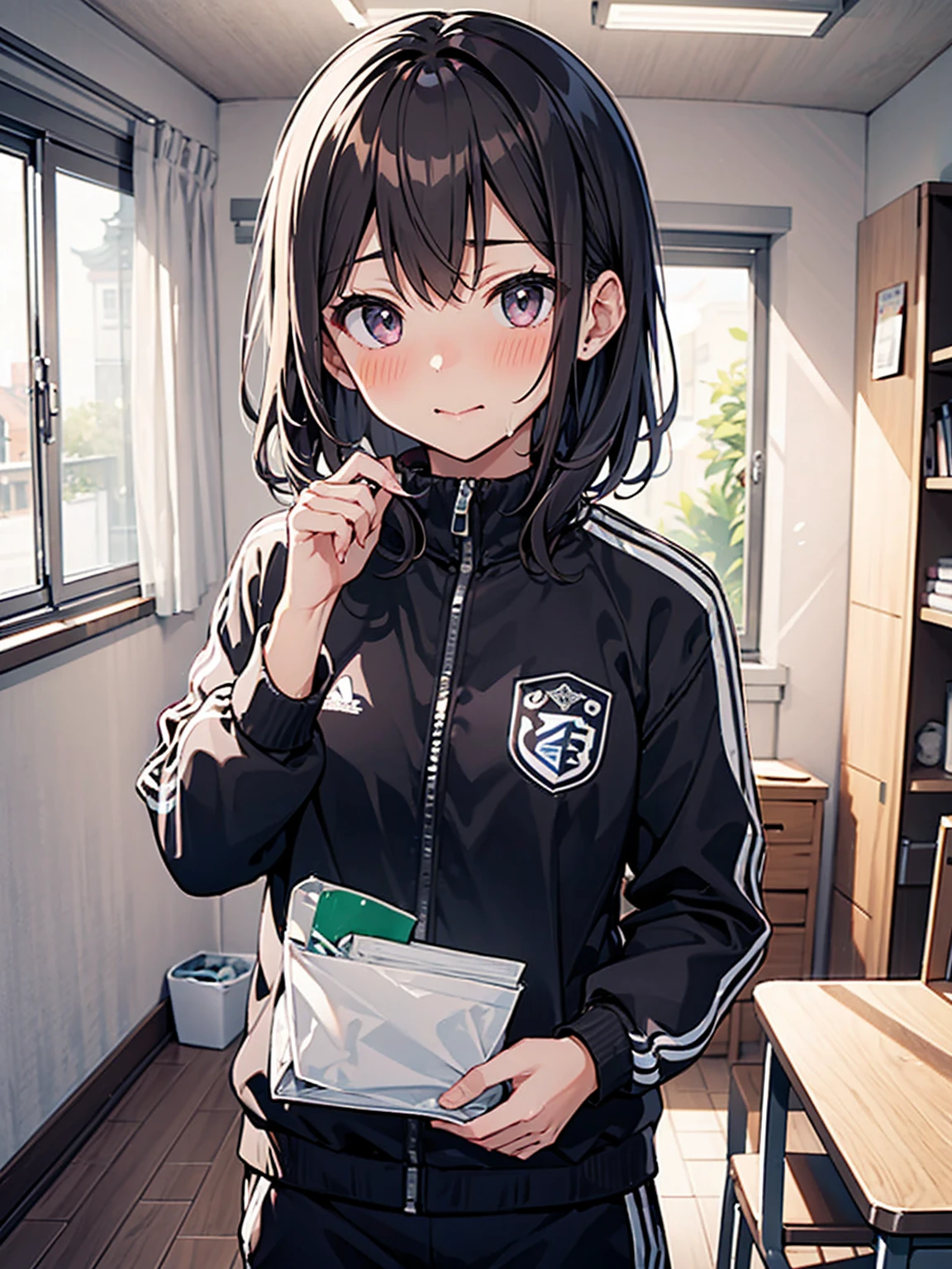 体育倉庫室で青い長袖tracksuit in schoolを脱ぐExpose狂の女, blush, ((Expose, shame, transformation))
