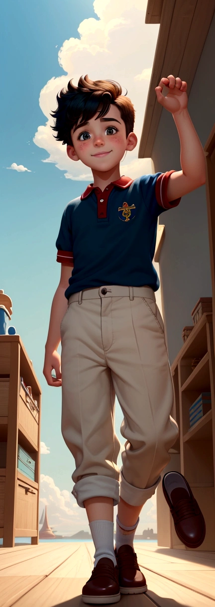 Image of a boy for a story in a YouTube video in Pixar format, He's the little allabester, He's the class leader, He's outgoing, Playful and gets up for a lot of things coloque barcos de brincadeira