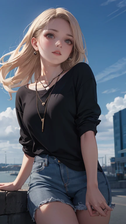 High-definition images, Atmospheric perspective, 8K, Super Detail, precise, best quality, Western woman, Ecstasy face, ((Drooping eyes, Round Face, Realistic skin)), (blush), (((Show off black))), ((Light casual wear)), earrings, necklace, #13: Thick Blonde Braided Hair, ((Small park, fountain, Skyscraper, Strong sunlight)), (((Use friction to rub the corner of the table))), From the angle from below,(((Full and soft breasts,)))(((Huge breasts))) (((Cleavage))) (Perfect curvy figure),