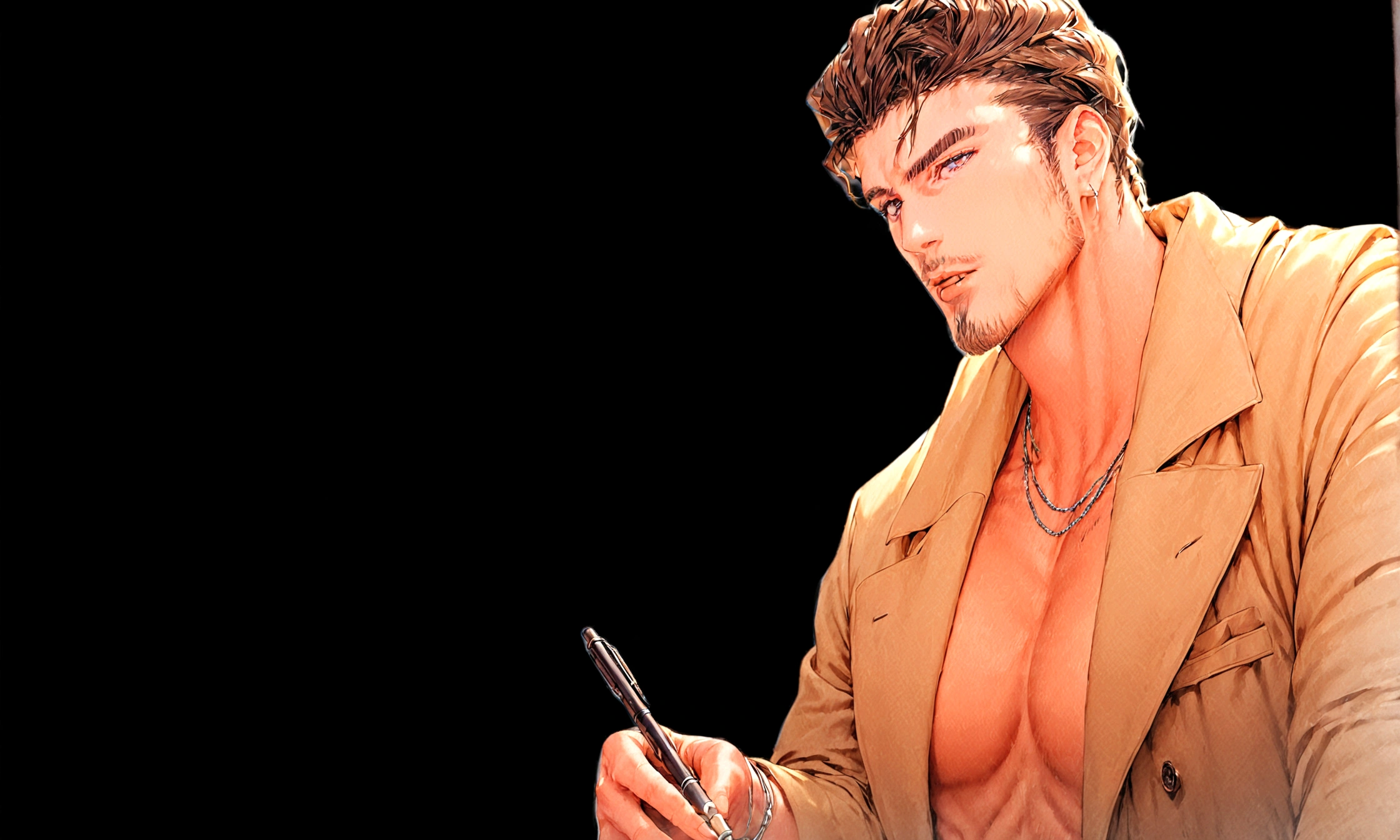 ultra detailed image. anime styling. Scenery of a dark gray room with polished and polished walls with an ultra polished and polished silver table. Research Board in the background. There are two characters. One of them is a handsome and seductive handsome adult with a goatee on his chin, a muscular man, beautiful medium hair with bangs. Wearing a loose, flowing brown coat. ultra-shiny and polished bronze bracelets. cloaks covering the brown body with pen in pocket, Brown hair. Light beige suit under coat. Covered chest. handsome human male detective. He holding a silver magnifying glass. He is pantsless with tight light gray underwear. The other has the same characteristics, but he is a police officer instead of a detective.