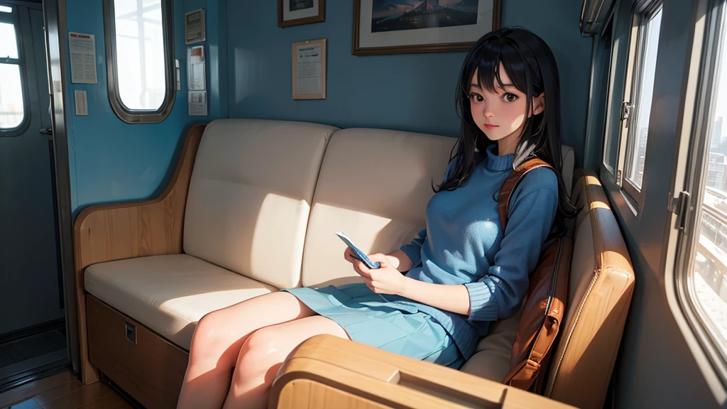 A young girl sits alone on a blue train, gripping a white book. The train's interior is bathed in a cool blue hue, with light wooden flooring and a large window revealing a cityscape outside. The girl's expression is one of deep concentration, as if she's lost in the pages of the book. She's wearing a blue sweater and a white skirt, with a beige backpack next to her on the bench. The window shows a city skyline, with the top of a tall building just visible. The weather outside appears to be sunset, with a few clouds scattered across the sky.#Makoto Shinkai's Style
