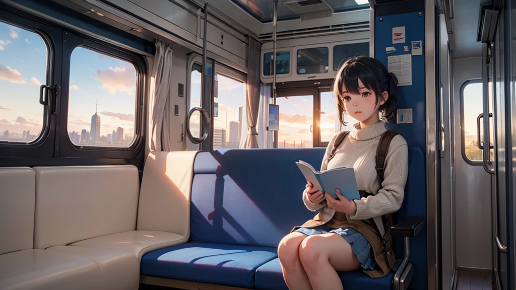 A young girl sits alone on a blue train, gripping a white book. The train's interior is bathed in a cool blue hue, with light wooden flooring and a large window revealing a cityscape outside. The girl's expression is one of deep concentration, as if she's lost in the pages of the book. She's wearing a blue sweater and a white skirt, with a beige backpack next to her on the bench. The window shows a city skyline, with the top of a tall building just visible. The weather outside appears to be sunset, with a few clouds scattered across the sky.#Makoto Shinkai's Style