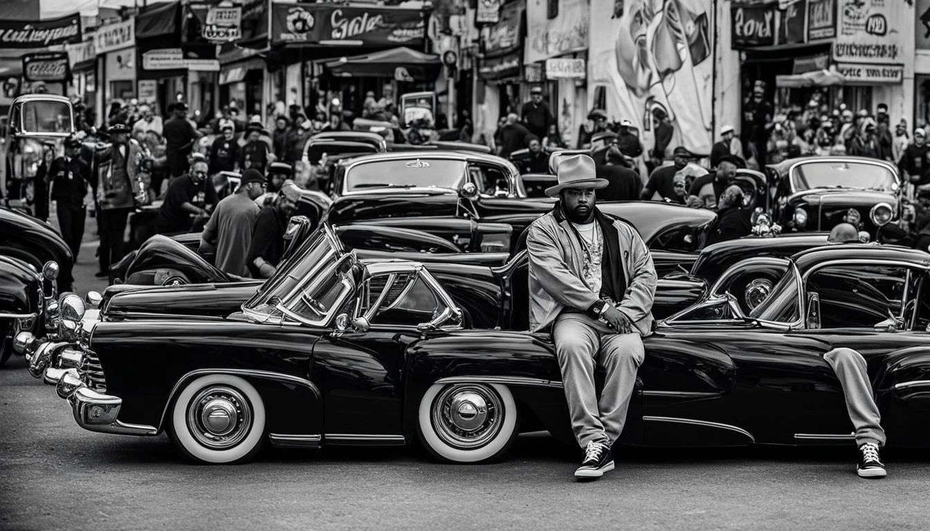 there is a man sitting downg on the ground next to a redcar, standing in front of the lowrider, nipsey hustle, arrogance! lowrider culture, lowrider style, redcar, cool teddy bear, offcial art, sitting down, promo photo, aesthetic photo, Lowriders, promotional session, profile image, por Edwin Georgi, unknown artist