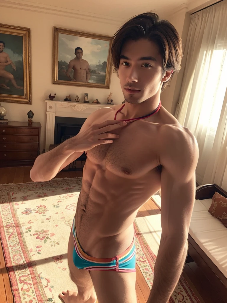 sporting a colorful, without a shirt, wearing a pair of (((bikini men's underwear))), taking a playfully exaggerated selfie in a luxuriously appointed room.