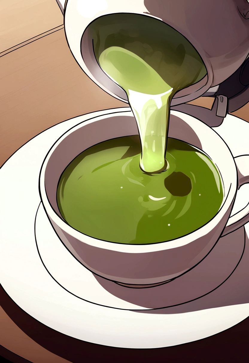 Generate actor is having green tea, in font of her there are a cup of tea, hot tea kettle on the table