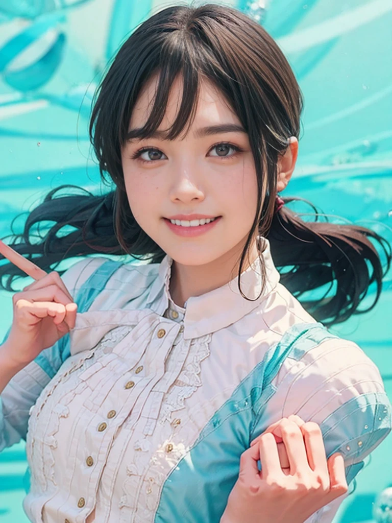 advanced details premium quality 4K high resolution, cute girl, teary eyes, thin lips, yellow braided feathered, pointing, cute dress, beach