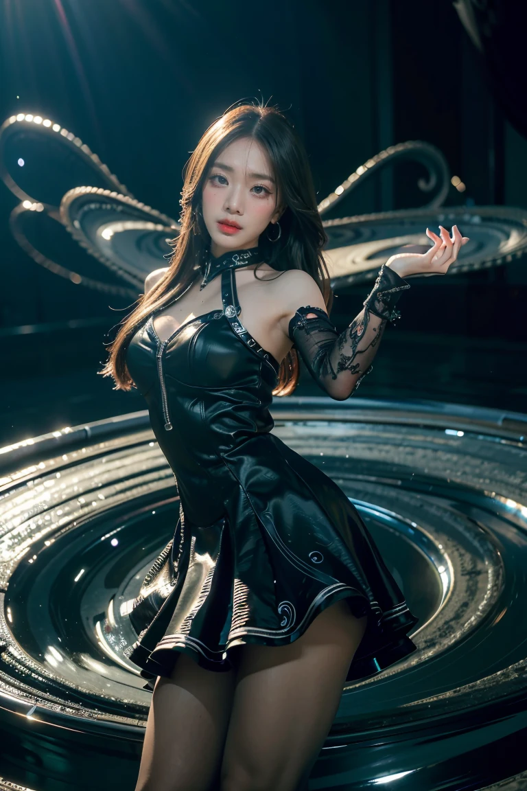 ((masterpiece, best quality)), ultra detailed 8k, photorealistic, sharp focus, highly detailed, professional lighting , shad0wmancer, photo of a woman, ink, ((swirling black ink floating around)), futuristic fantasy, dress, dynamic pose, realistic, masterpiece, intricate details, detailed background, depth of field,