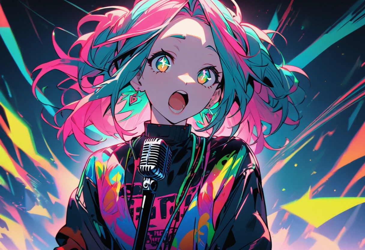 Hatsune Miku、Painting from the neck up、Hold the microphone、Like a raging fire、Eyes with the highest image quality、Beautiful eyes、Vivid Color、Street Style、cool服、Earrings、sing、最高にcool、Raised eyebrows、Brave、sing、Open your mouth wide、cool、cool、Highlights sparkling eyes、