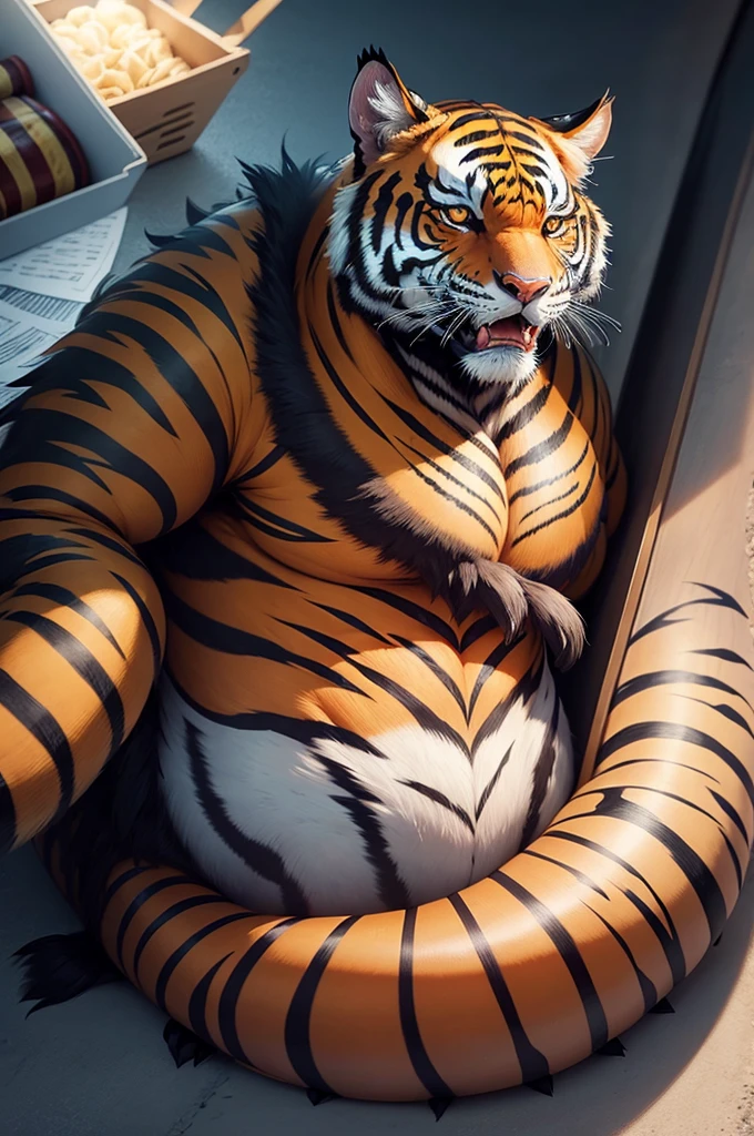 solo, (tiger, tiger tail), two heads one body, (identical faces:1.3), (adult male, 50 year old male, (stylized 3d, by dramamine, by disney, by pixar:1.1), (tall, chubby, manly, beefy, obese, fat, bald), bed background, (boxers, bulge, , navel, nipples)ct eyes, correct hands, correct anatomy, (eye contact:1.1), (ultradetailed, best quality, detailed masterpiece, detailed lighting, highly detailed masterpiece:1.5, 4k, complex artistic masterpiece, sinister, matte painting, golden ratio, intricate, epic, very detailed, vivid, production cinematic rendering, 8K, HDR, RGB, Ultra-HD, global lighting with ray tracing, romanticism, realism, professional cartoon:1.7), ((lying down on bed:1.3, natural pose:1.3, frowning:1.4, tired:1.3, hand on crotch:1.5)), (((dadbod)))