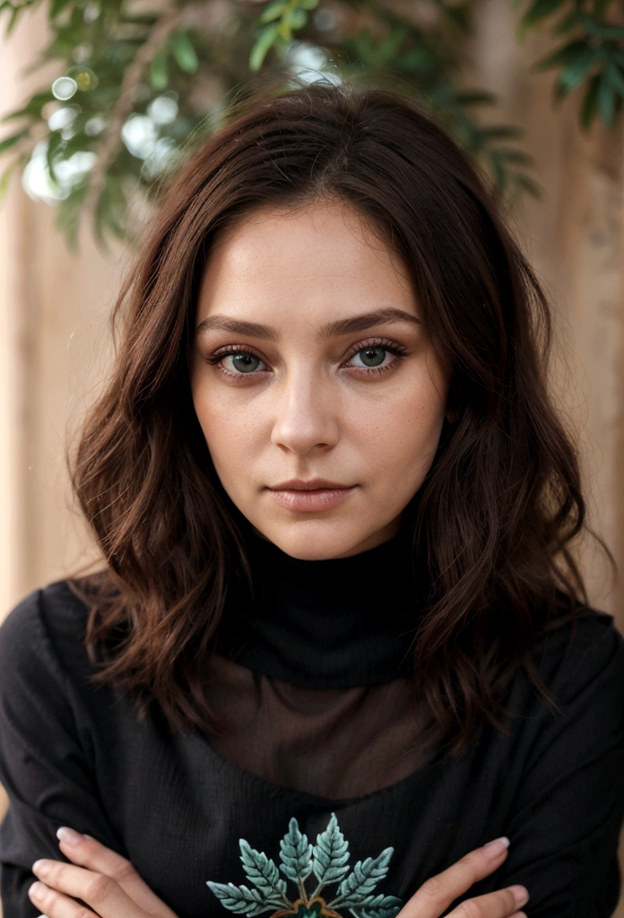 1 femme, cheveux brun, yeux brun, lèvres pulpeuses, yeux rond, jupe noir, chandail vert kaki, résolution nette, focus sur le visage, masterpiece, bokeh in the background