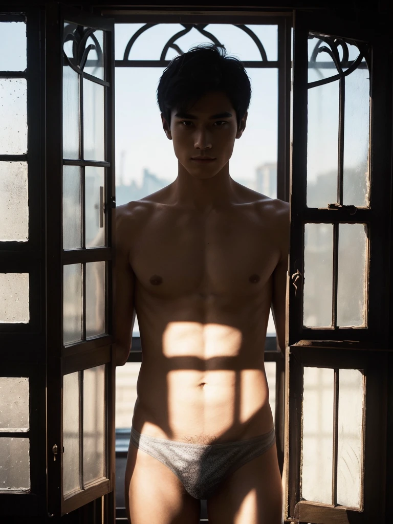 The pitch-black silhouette of a lonely,a handsome two Young man,Very good figure,cute,short haircut,tan skin,Not wearing a shirt ,wearing bikini underware, who could only experience life from what he saw through a single window with only four windows.Everything is dark in his world and environment.while light, love, and happiness can only be seen through one window.Inside there was only darkness and shadows.While the colors are beautiful and bright happy people and countless wonders lie outside