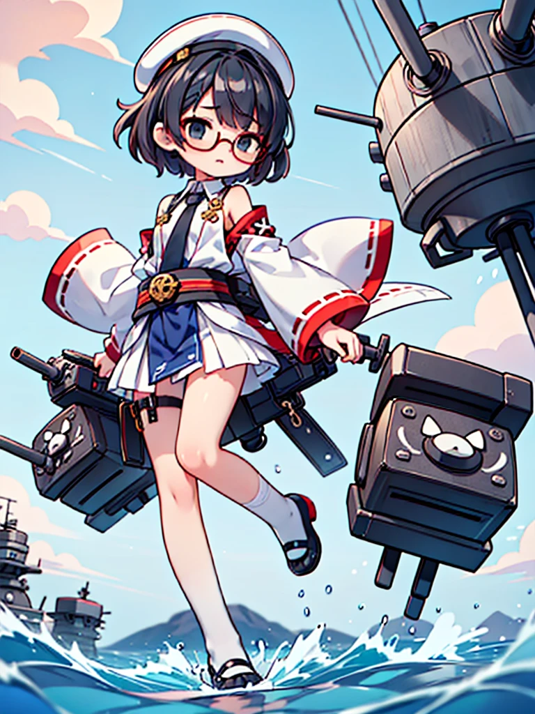 ((((Full body of a woman with perfect flat chest、solo、Short unkempt black hair、Tie your messy hair at the nape of your neck、white military jacket、Miko costume、tights、Black glasses、White military cap、Cloudy black eyes、Confused eyes、Eyes Beginning to Open、Junyo hair accessories)))), (((masterpiece))), (((Shipgirl))), ((Floating on the morning sea with both feet)), (Spread your legs wide open), (Hold the turret grip with your right hand), (Mechanical arms extending from the waist are used to equip the ship with battleship equipment.), (Equipped with a turret on the back), (Holds a triple turret on the left arm), Shotgun belt on thigh, Spreading the Machine's Wings, Machine tail,