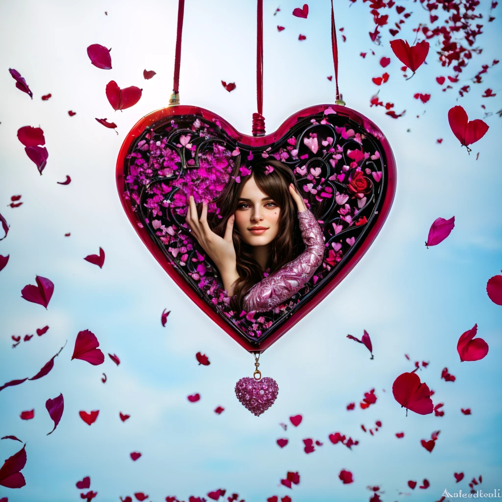 hanging perfume container spilling cascading red hearts transitioning with colorful rose petals to the floor, araffe heart shaped bottle of perfume with petals and hearts flying around, by Aleksander Kotsis, by Zofia Stryjenska, by Jakob Gauermann, by Arabella Rankin, by Emma Andijewska, by Anna Findlay, by Alfredo Volpi, by Mathias Kollros, by Gabriel Ba, by Anato Finnstark