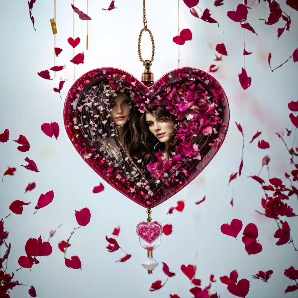 hanging perfume container spilling cascading red hearts transitioning with colorful rose petals to the floor, araffe heart shaped bottle of perfume with petals and hearts flying around, by Aleksander Kotsis, by Zofia Stryjenska, by Jakob Gauermann, by Arabella Rankin, by Emma Andijewska, by Anna Findlay, by Alfredo Volpi, by Mathias Kollros, by Gabriel Ba, by Anato Finnstark