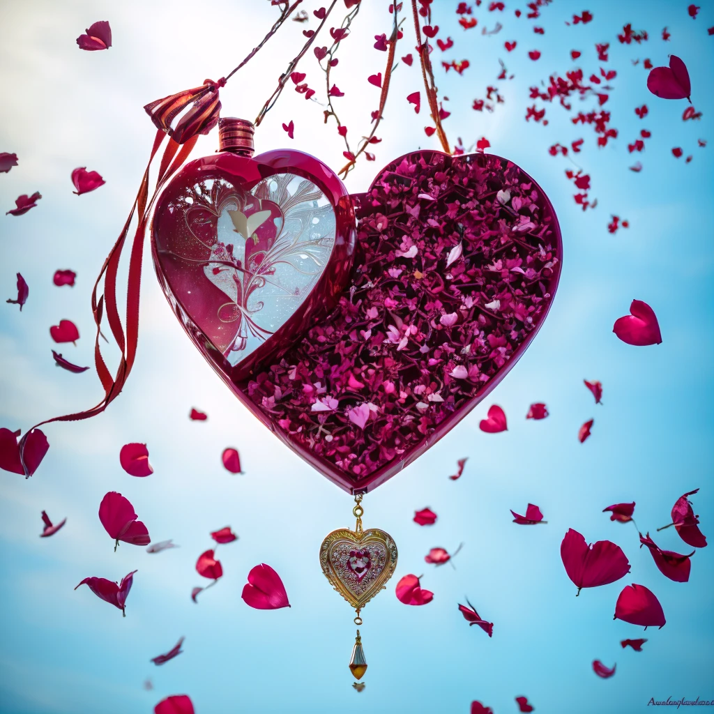 hanging perfume container spilling cascading red hearts transitioning with colorful rose petals to the floor, araffe heart shaped bottle of perfume with petals and hearts flying around, by Aleksander Kotsis, by Zofia Stryjenska, by Jakob Gauermann, by Arabella Rankin, by Emma Andijewska, by Anna Findlay, by Alfredo Volpi, by Mathias Kollros, by Gabriel Ba, by Anato Finnstark