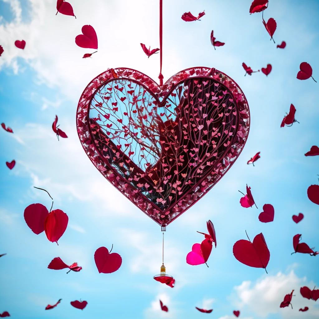 hanging perfume container spilling cascading red hearts transitioning with colorful rose petals to the floor, araffe heart shaped bottle of perfume with petals and hearts flying around, by Aleksander Kotsis, by Zofia Stryjenska, by Jakob Gauermann, by Arabella Rankin, by Emma Andijewska, by Anna Findlay, by Alfredo Volpi, by Mathias Kollros, by Gabriel Ba, by Anato Finnstark