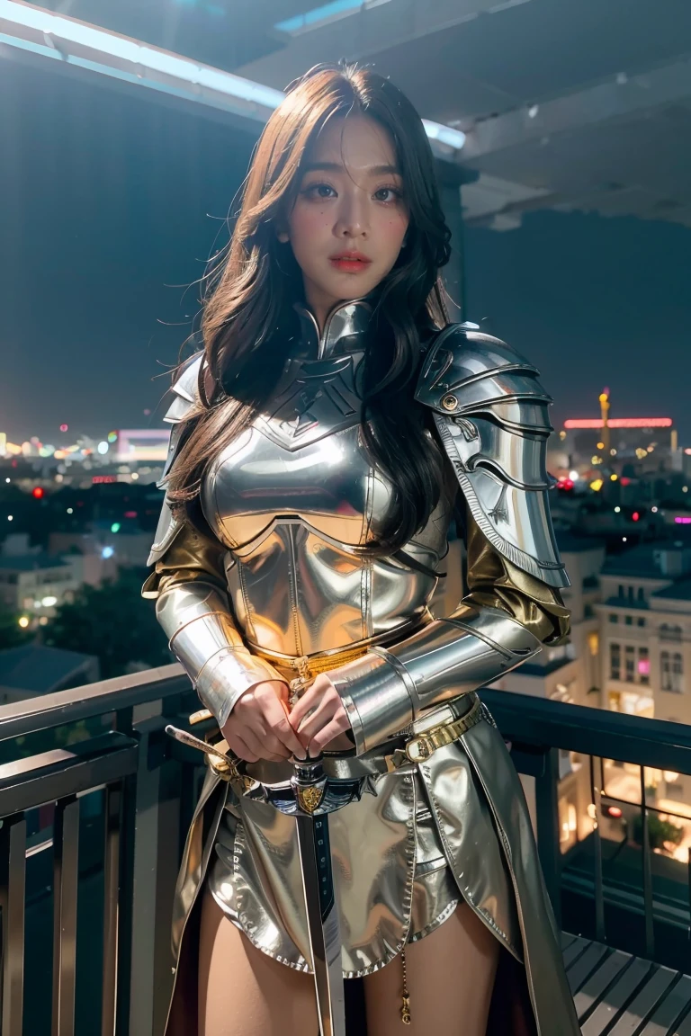 (masterpiece, best quality), A paladin holding a light-infused sword, light magic, divine, mage aura, silver and gold, 4k, dark cityscape, Fujifilm