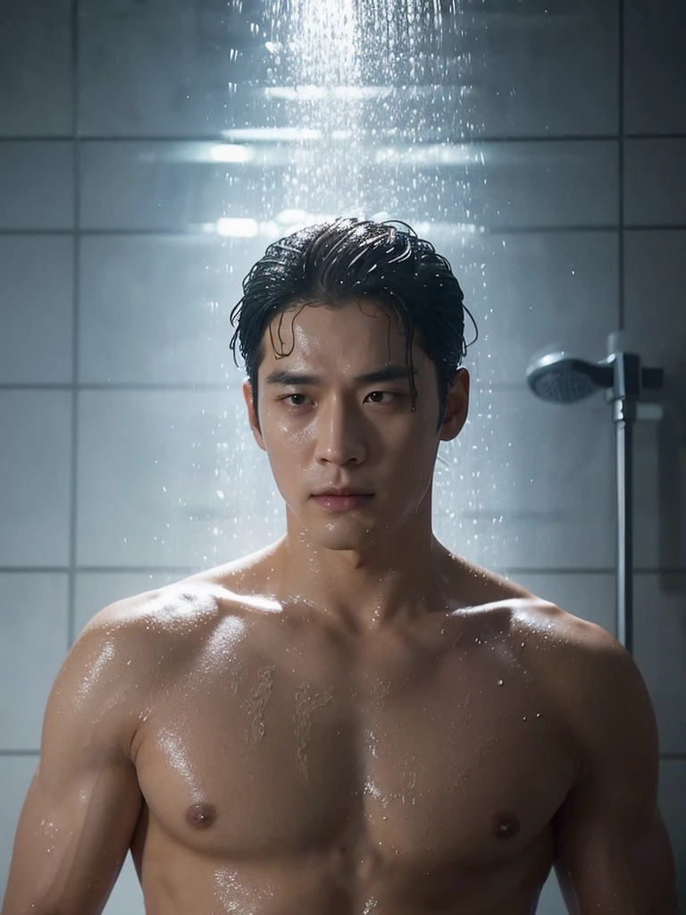 There was a man standing in the shower and his head foamy., Glittering from the rain, water dripping from him, Movie screen capture, South Korean man, movie screenshot, Still from the live action movie., Oh yes, Scenes from live-action movies, jin kim, Sweating. water vapor in the air, [ Realistic photos ]!!, Advertising picture