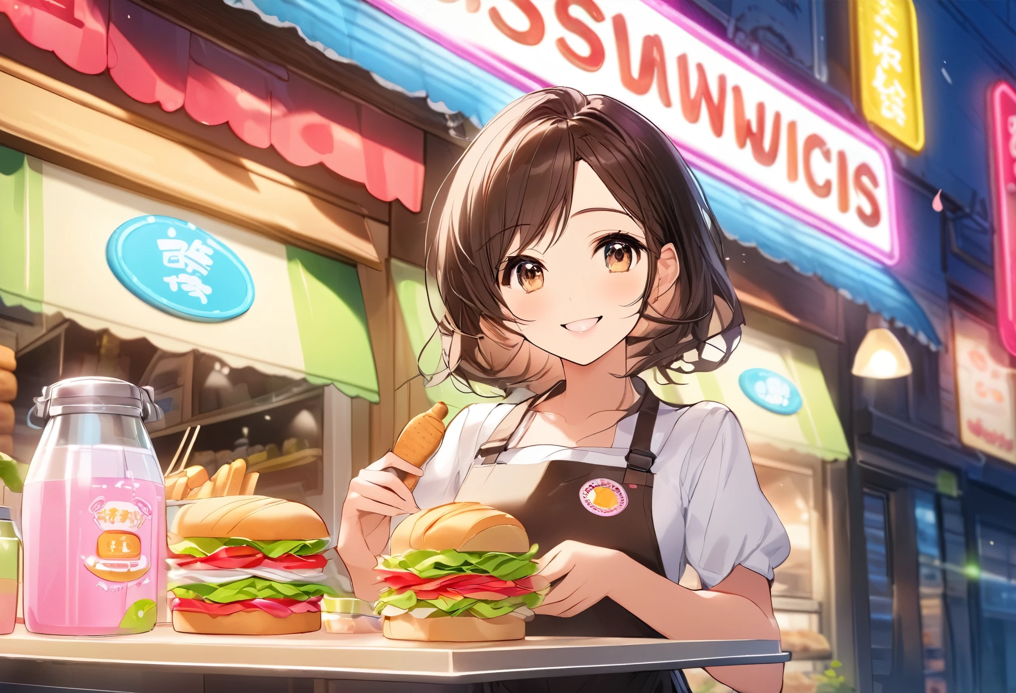 Bread店,A pretty girl,Female shop assistant,Happy smile,beautiful face,制作Sandwiches,_Give,A cute bear shop sign on the wall,小熊Bread,neon light,Bread,biscuit,Sandwiches,Salad,Bottled drinks,anime,Nice background,Depth of Field,CG unity,illustration,
