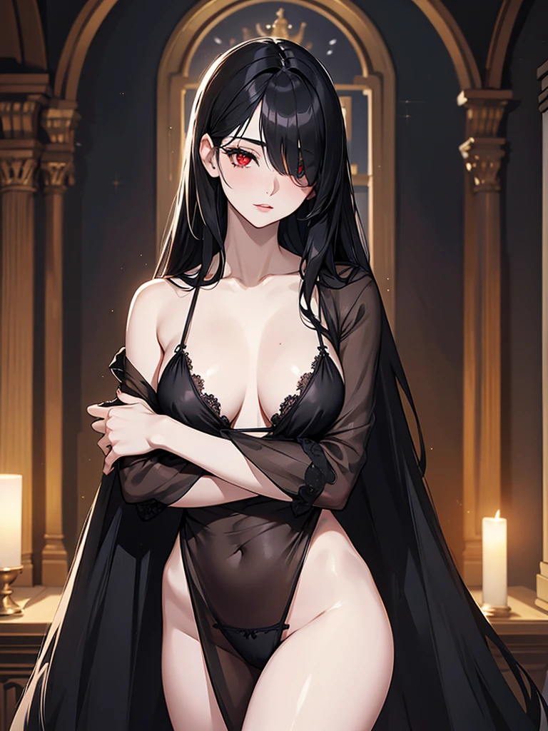 (Super detailed:1.3), ((((best quality)))), ((masterpiece)), female focus, solo,hotify, stunning beauty, powerful glow, detailed face, detailed eyes, detailed lips,castle interior background,(nighttime),moonlight,((black hair)),long hair,red eyes, (pale skin:1.2),melancholic expression,straight bangs,bangs covering forehead,almond-shaped eyes,very cute face,cowboy shot, (hair over one eye),sheer sleeves,(2 arms),(black thong),nude