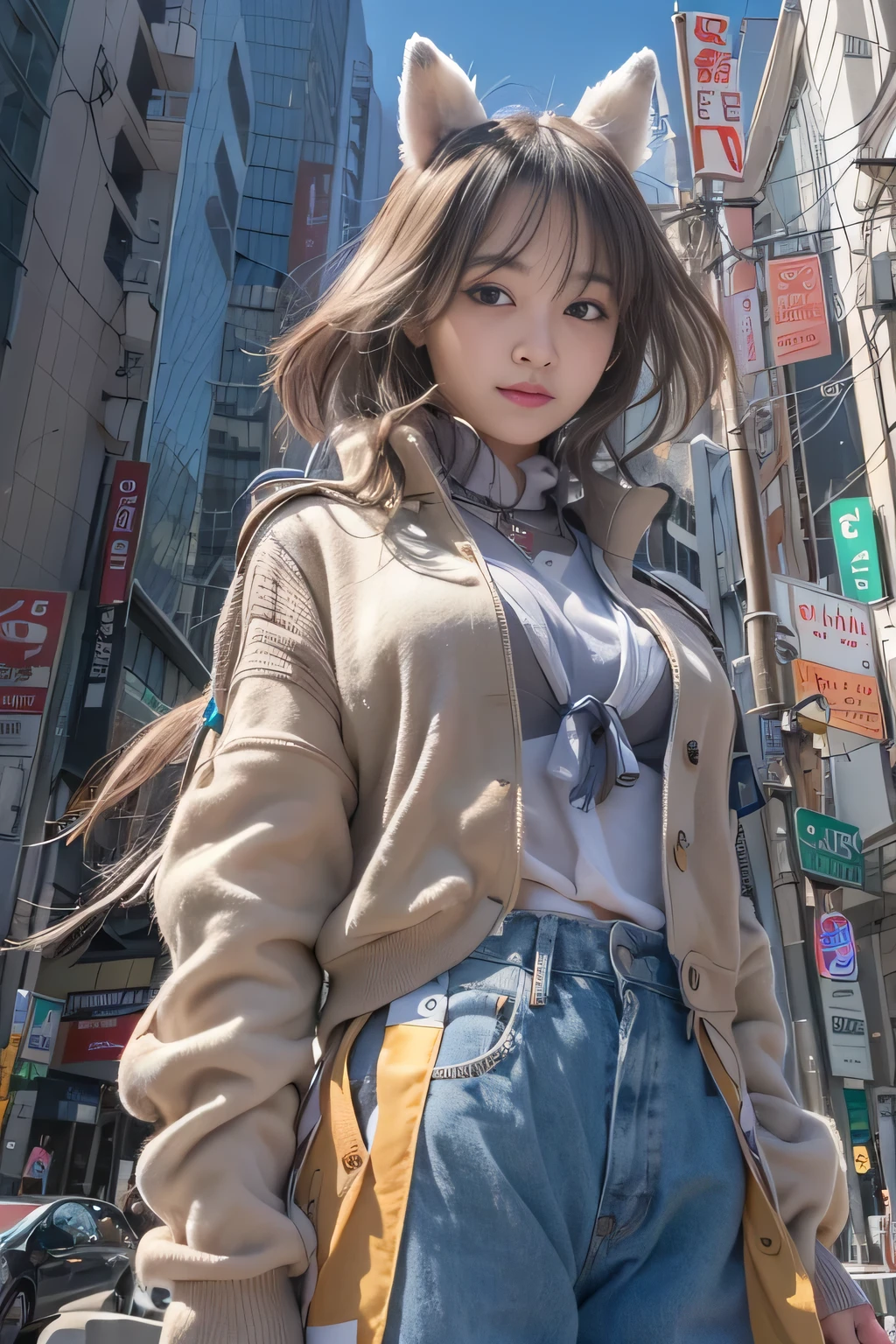 1 girl、Tokyo Street、Cityscape、Upper body、Close-up、Laughter、、Raw photo、Highest quality、masterpiece:1.2)、(Realisticな、Photorealistic:1.37)、Highly detailed eyelash drawing、(((Best image quality))),Great tit、Fine skin, (Beautiful Hair), (perfection Anatomy), (Realistic), (Dynamic Angle), Seductive pose,perfection,Sensual look、Highest quality、High resolution、Smile、JoJo&#39;s Bizarre Adventure-style costume and pose、Colorful and innovative costumes