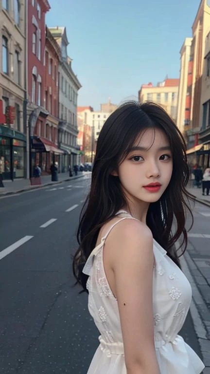 1 Girl,Main Street,Soft Light,Chinese Beauty,dress,Dark-haired,long hair,