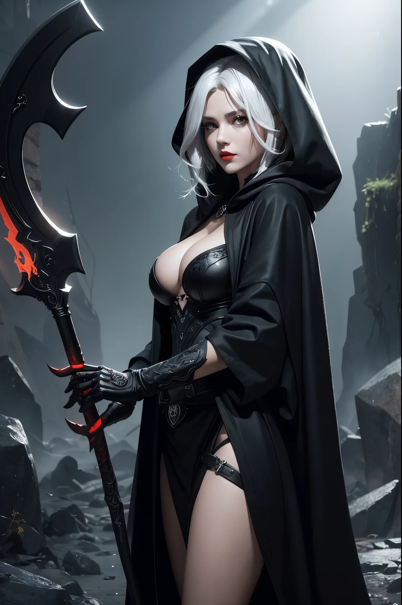 8K,Grim Reaper with a very large scythe,Skeleton Face,Red eyes,White haired mohawk,Black hooded robe,Highly detailed photos, Ultra-high resolution, masterpiece, Highest quality, Perfect glowing skin, Perfect lighting, Detailed lighting, Dramatic Shadows, Ray Tracing, Looking at the audience, Small breasts, Beautifully detailed hazel eyes, Sharp Face, Clear Eyes, Red lips, Long bangs, Short Curly Hair, ((Dark Land of the Underworld)), Upper Body, masterpiece,Highest qualityのフォトリアリスティックなRAW写真。Bright colors,Rich colors, Backlight, Cinema Lighting, Film Grain, to be born, 50mm lens, Nikon D850,Detailed character art,Fantasy art,Ultra-Realistic Skin,Perfect hand shape,Deadly landscape,Skull coat of arms,Skull Face,Very large breasts,White-haired Grim Reaper,