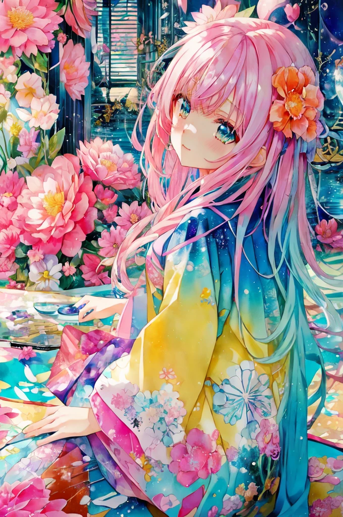 anime girl with pink hair and blue eyes sitting on a rug, anime style 4 k, anime art wallpaper 4 k, anime art wallpaper 4k, anime art wallpaper 8 k, anime wallpaper 4k, anime wallpaper 4 k, beautiful anime girl, beautiful anime artwork, dreamy psychedelic anime, beautiful anime art, detailed digital anime art, anime style. 8k