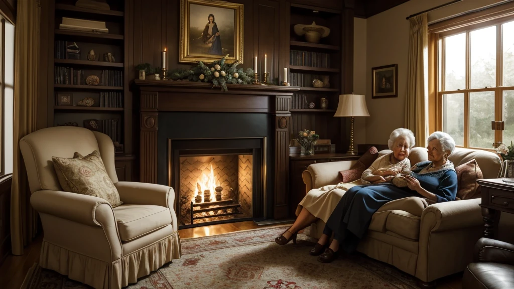 "A dimly lit living room where an elderly grandmother sits by the fireplace, recounting biblical stories of heaven and angels to her attentive grandchildren. The room is adorned with family photos and heirlooms, creating a warm and intimate atmosphere that evokes the timeless tradition of passing down spiritual teachings through generations."