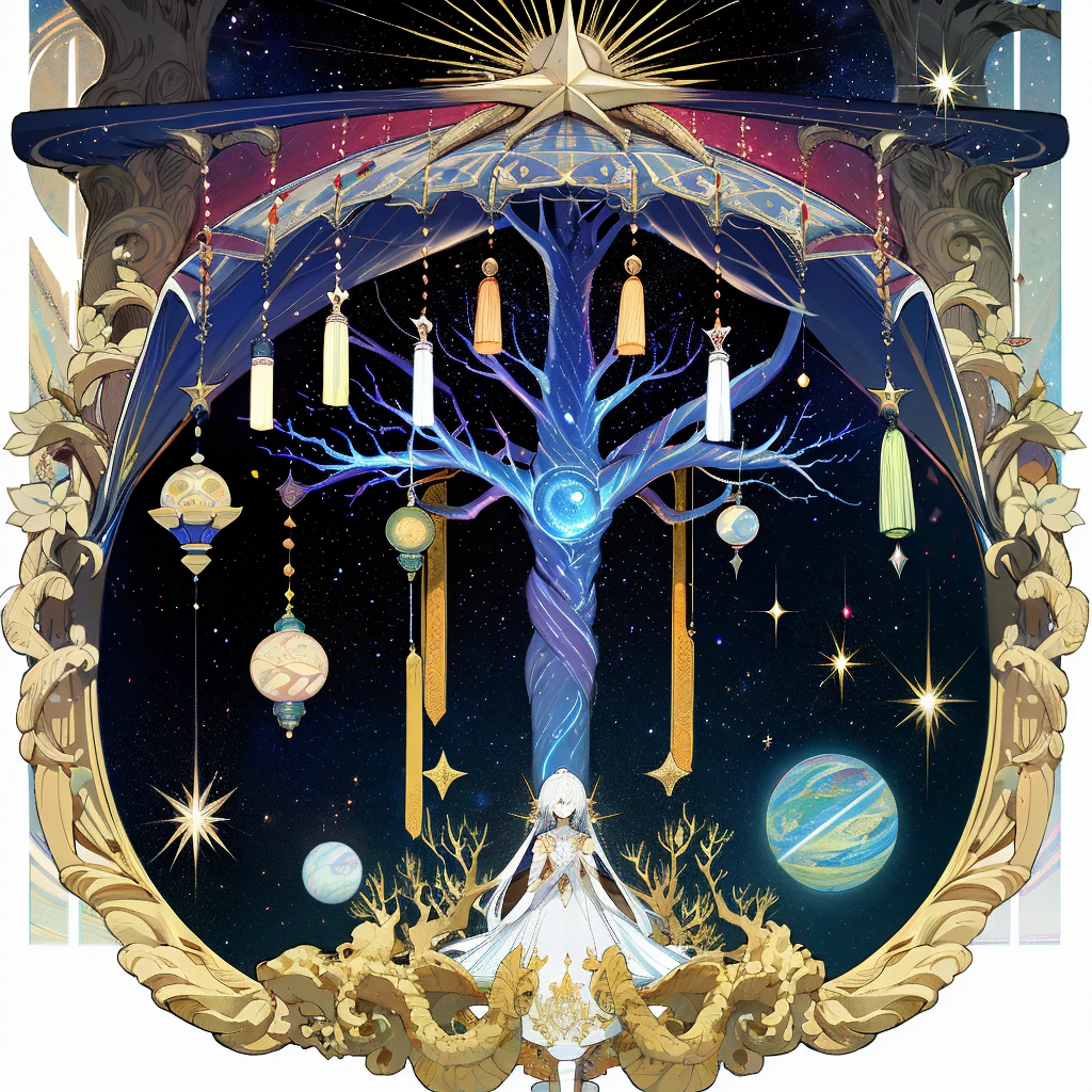 Behold the resplendent Cosmic Tree, a magnificent portrayal of the Tree of Life, adorned with celestial galaxies and shimmering stars that gracefully extend as its roots and branches