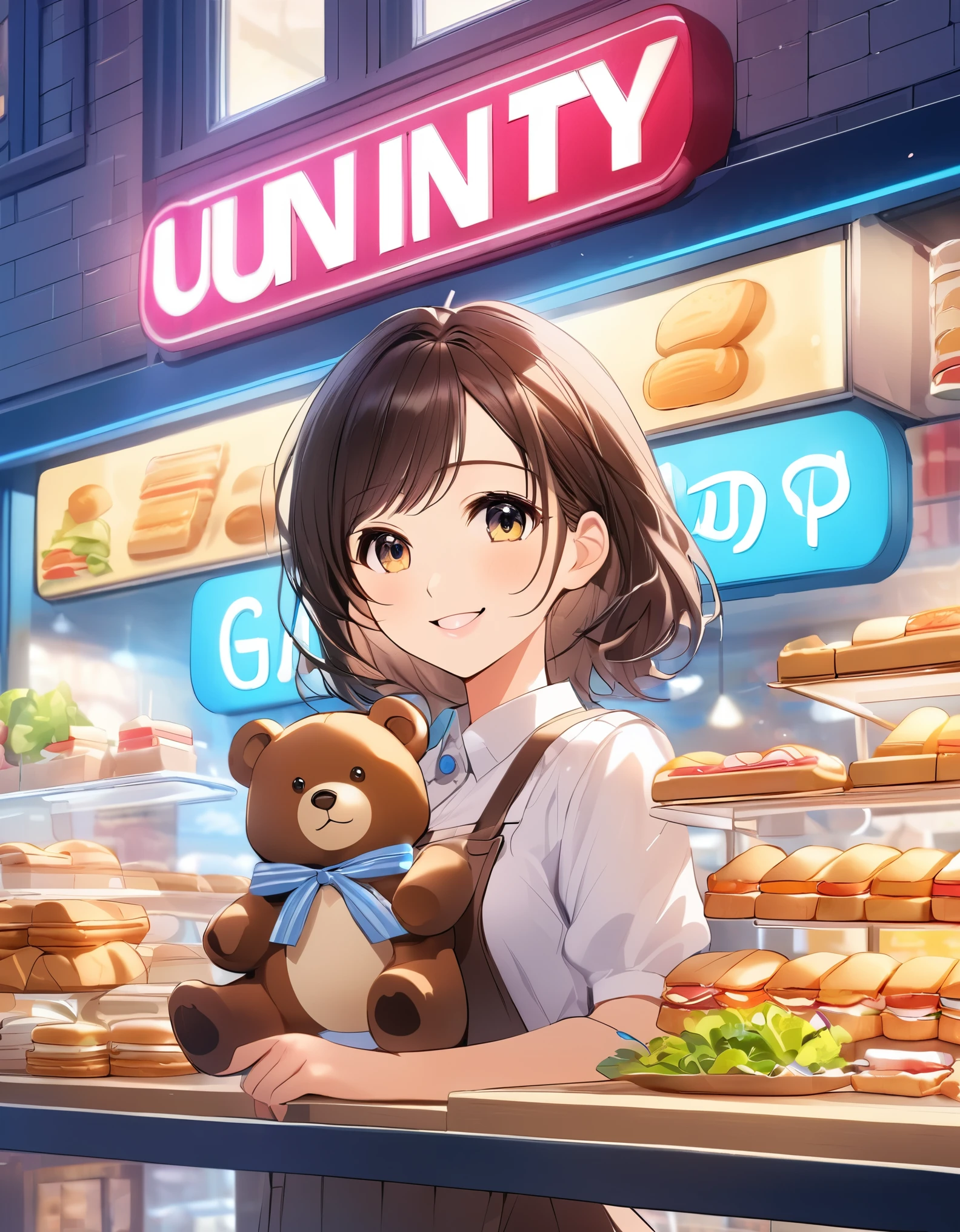 Bread店,A pretty girl,Female shop assistant,Happy smile,beautiful face,制作Sandwiches,_Give,A cute bear shop sign on the wall,小熊Bread,neon light,Bread,biscuit,Sandwiches,Salad,Bottled drinks,anime,Nice background,Depth of Field,CG unity,illustration,