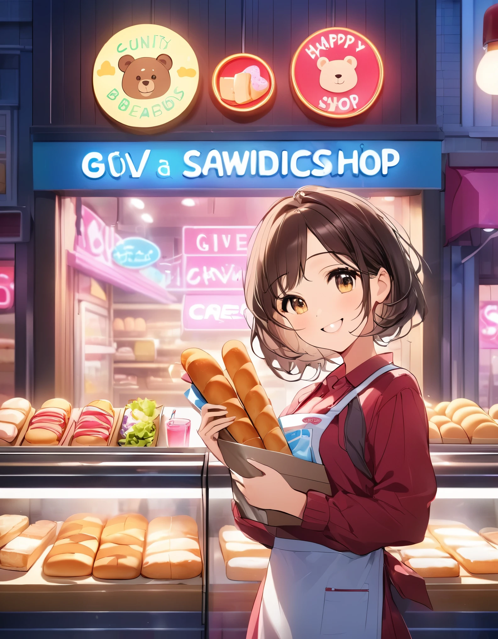 Bread店，A pretty girl，Female shop assistant，Happy smile，beautiful face，制作Sandwiches，_Give，A cute bear shop sign on the wall，小熊Bread，neon light，Bread，biscuit，Sandwiches，Salad，Bottled drinks，anime，Nice background，Depth of Field，CG unity，illustration，