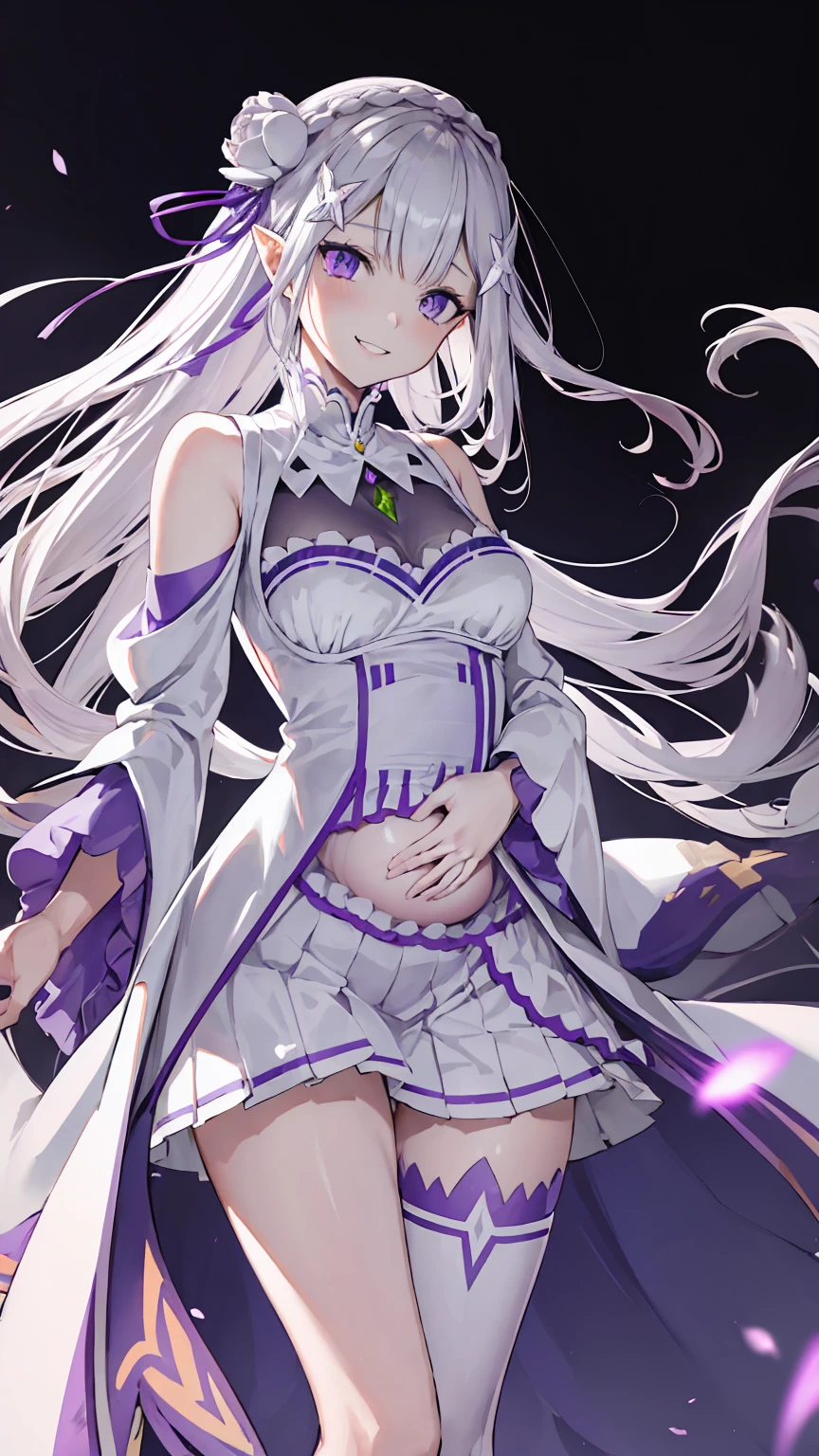 Lezero Emilia, emilia, braid, Crown braid, flower, Hair Flower, hair ornament, Hair Ribbon, Long hair, pointy ear, (Purple eyes:1.2), White hair, x hair ornament,
Break Detach Color, Detached sleeves, frilly sleeves, frilld, Long sleeves, Miniskirt, Pleated skirt, bow ribbon, Skirt, thighs thighs thighs thighs, White skirt, White sleeves, white thighhig, Wide sleeves, zettai ryouiki,
BREAK (masutepiece:1.2), Best Quality, High resolution, Unity 8k Wallpaper, (Illustration:0.8), (Beautiful detailed eyes:1.6), extra detailed face, Perfect Lighting, extremely details CG, (Perfect hands, Perfect Anatomy),is standing、Evil Fall, 1girl in, solo, pubic tattoo,Lipakeup、lip stick、eye line / Mascara Eyeshadow Evil Fall、Bad Woman、bad looking、Empty eyes、Psychopaths、Eyes pink、Grinning、Smile, lightsmile,Knives、low angles、leggy、Long leguchimuchi、Transparent pupils、, ((Positive pregnancy test))fullbody image、high-heels、